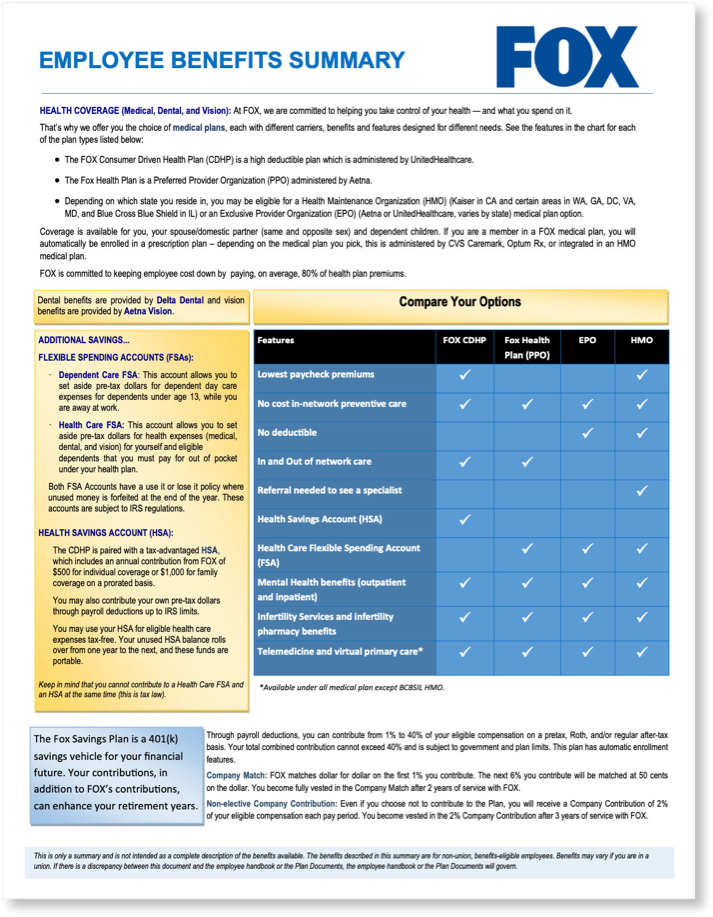 PDF of the Employee Benefits Summary for Fox comparing options